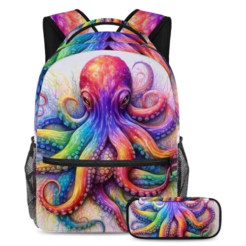 Sac à dos aquarelle pieuvre motif océan coloré avec trousse pour étudiants