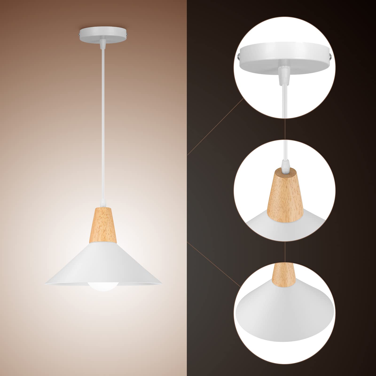 2 Pezzi Lampadario a Sospensione Moderno E27 Lampadari Industriale Ø25cm Paralume Metallo Lampade a sospensione Legno per Cucina Sala da Pranzo Sala Caffè, Bianco