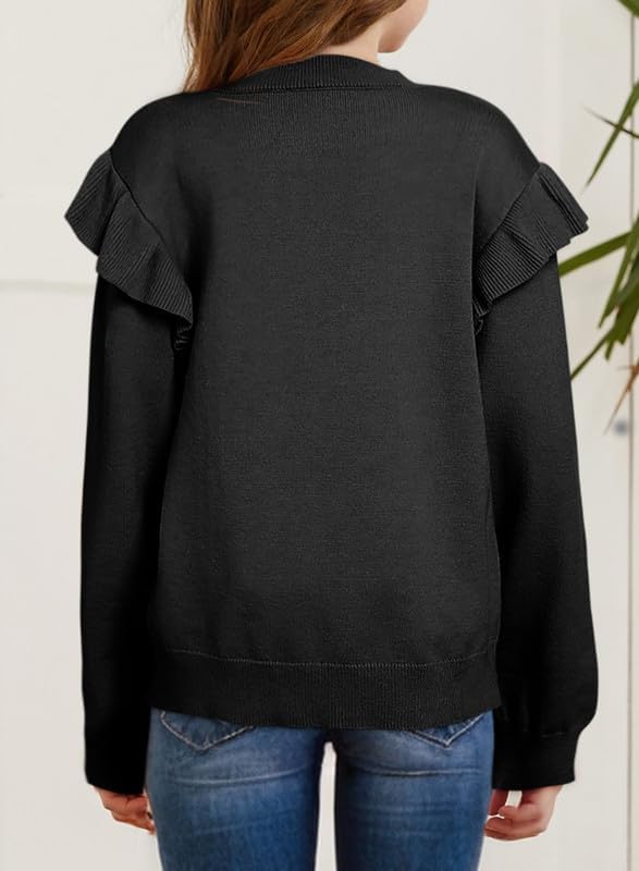 Girls Sweaters Cute Crewneck Ruffle Long Sleeve Knit Pullover Sweater Tops 6-15 Years - Image 2