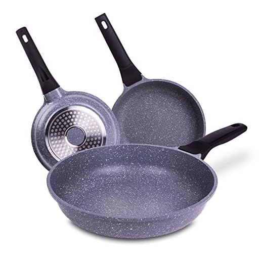 La Moustache - Juego de 3 Sartenes de Aluminio Fundido, Antiadherente, Aptas para Todo Tipo de Cocinas - Inducción - Gas - Placa Eléctrica - Vitrocerámica | 20, 24 y 28 cm (Pierre)