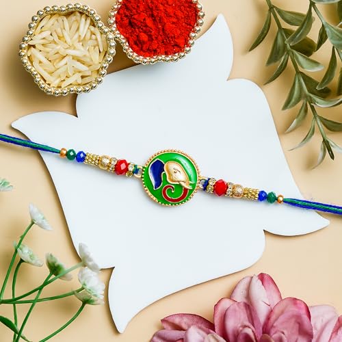 Image of Rakhi for Brother Combo of 2 Rakhi for Men with Fridge Magnet, Roli Chawal Best Wishes Greeting Card
