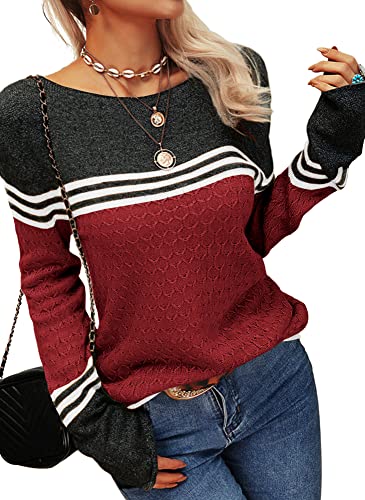 Image of Danedvi Womens Fall Fashion 2026 Sweaters Colorblock Lightweight Striped Crewneck Winter Trendy Pullover Tops