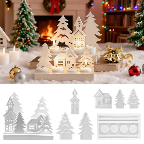 7 Stück Silikonformen Gießformen Weihnachten, Silikonformen gießformen Häuser, Gießformen Silikon mit Sockel Silikon, Epoxidharz Formen, gießform Tannenbaum für die DIY Duftkerzenherstellung