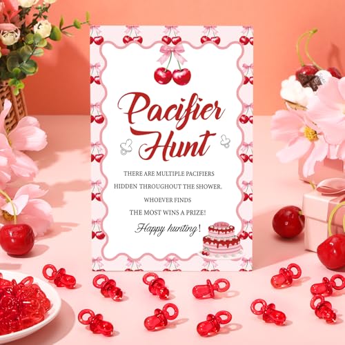 Image of Thyle 51 Pcs She's Our Cherry on Top Theme Baby Shower Games Red Cherry Pacifier Hunt Include Hunt Sign and 50 Acrylic Pacifiers for Baby Shower Game Decoration Gift Sets Gender Reveal Party Decor