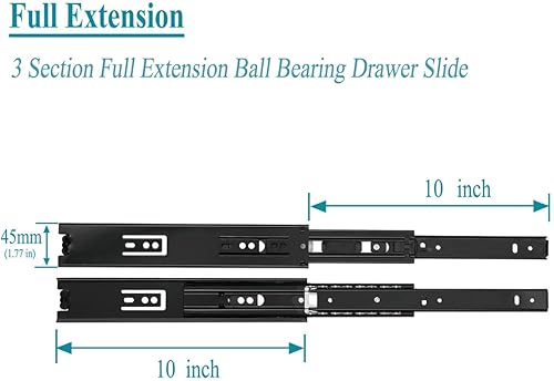 Miniatura 2 de OCG Diapositivas de cajón de 10 pulgadas, deslizadores de cajón de rodamientos de bolas de montaje lateral, extensión completa de 3 secciones,
