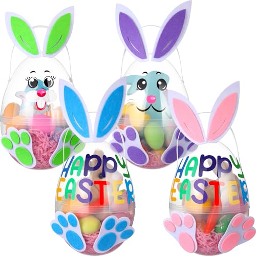 Civaner 4 Set Easter Jumbo Plastic Eggs with Easter Bunny Accessories 8 Inches Transparent Jumbo Fillable Easter Eggs with Handles Giant Plastic Egg Giant Clear Egg for Egg Hunt Surprise DIY