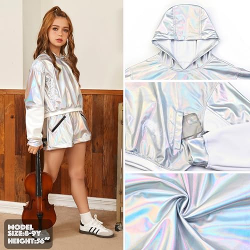 Jxstar Girls Metallic Hoodies Shiny Pullover Long Sleeve Sweatshirts Cropped Top Sparkly Club Wear Rave Disco Dance Outfits with Pocke, 8-9Y by Jxstar - Image 5