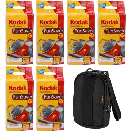 Kodak Fun Saver 35mm One-Time-Use Disposable 27 Exposures Camera with Flash, 6-Pack, Bundle with Camera Bag