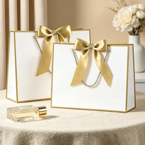 Image of JMANNI Gift Bags with Handles, 13 inch Medium Gift Bag for Presents, 1 Pcs Bags with 2 Tissue Paper and 1 Cards for Graduation Baby Shower Wedding Fathers Day Mother's Day Birthday Party(white-gold)