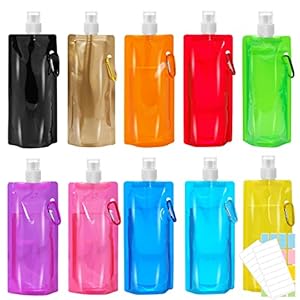 10 Pack Collapsible Water Bottles,Reusable Drinking Water Bags with Carabiner Clip,480ml Travel Water Bottle,Leak Proof Water Bottles for Camping,Hiking Travel,Gym,Sports,Biking,BPA Free