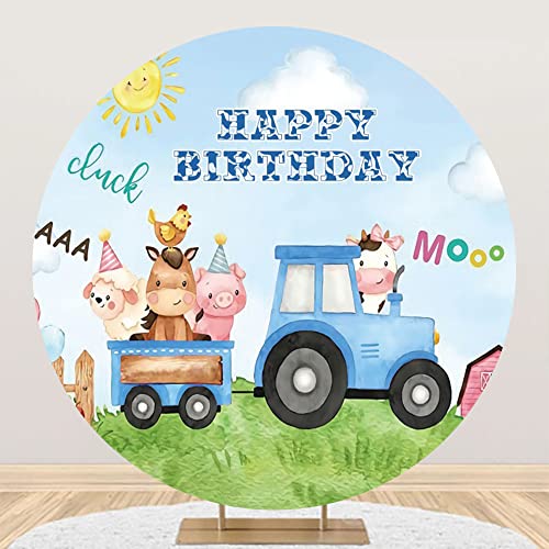Baocicco 7.2ft Happy Birthday Round Backdrop Cover Cartoon Farm Barn Lovely Cow Truck Pig Countryside White Circle Background Polyster Baby Shower Cradle Ceremony Newborn Kids Birthday Props Video