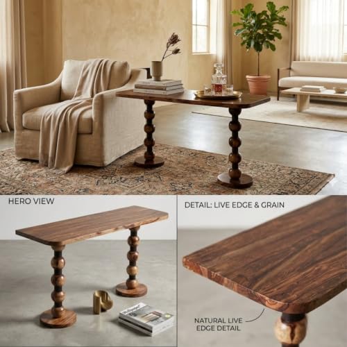 Image of Solid Sheesham Wood Console Table for Living Room | Entryway Hallway Sofa & Fish Tank Table | Narrow Stand with Turned Ball Legs & Rounded Edge Top | Wooden Accent Furniture |Light Walnut