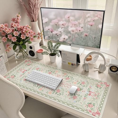 HAOCOO Cute Bow Floral Desk Mat for Keyboard and Mouse, Waterproof Desk Matt for Desktop, Non-Slip Large Mouse Pad, Keyboard Mat with Stitched Edge, Desk Pad Mat for Office