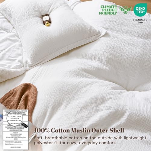 Image of PHF Cotton Muslin Comforter Set Queen, Ultra Soft Breathable, White
