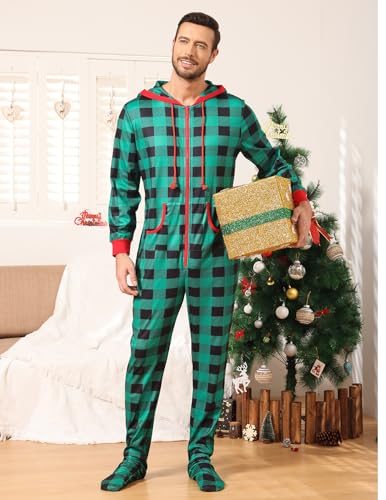 Image of Veseacky Family Christmas Pajamas Matching Sets Adult Onesie Zipper Hooded Footed One-Piece Pjs Jumpsuits