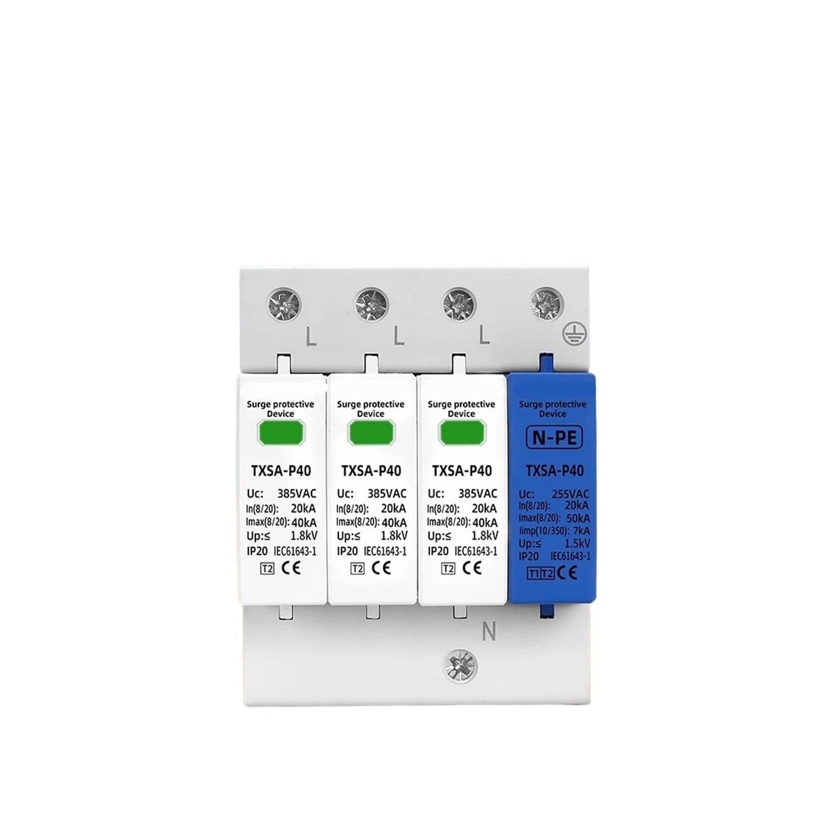 Protector contra sobretensiones y pararrayos Pararrayos CA SPD 3P+NPE 40KA 50KA T1 T2 385V 275V 255V Dispositivo de protección contra sobretensiones for el hogar(385V)
