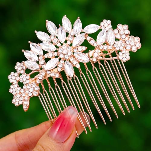 Foyte Crystal Wedding Hair Comb Flower Rhinestone Hair Accessories Gold Bridal Headpiece for Women and Brides
