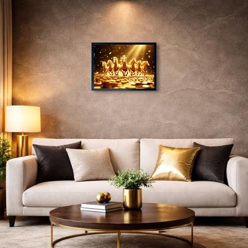 Image of ARTFUL TOY BOX - 7 Running Golden Horses Photo Frame Wall Art for Home Decor | Success, Power & Financial Growth Vastu Wall Decor for Living Room & Office | HD Glossy Print | Premium Fiber Black Frame - 12x18 Inch (30x45 cm) (Design 7)