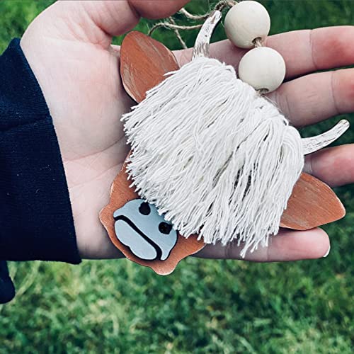 Foviza Car Rearview Mirror Pendant Highland Cattle Car Rearview Mirror Decor Car Hanging Cow Shape Ornament Wooden Highland Cow Car Charm Car Hanging Accessory #TOP5