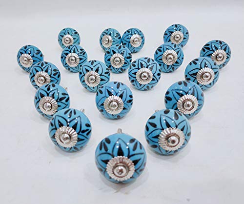 WOTT Drawer Knobs Set of 20 Ceramic Knobs Handpainted Turquoise Color Cabinet and Furniture Knobs Door Knobs with Proper Hardware Fitting