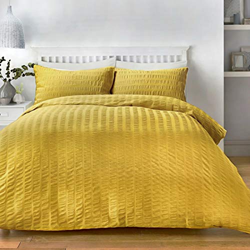 Rayyan LINEN SEERSUCKER DUVET COVER BEDDING SET WITH PILLOWCASES (Ochre Yellow, Double)