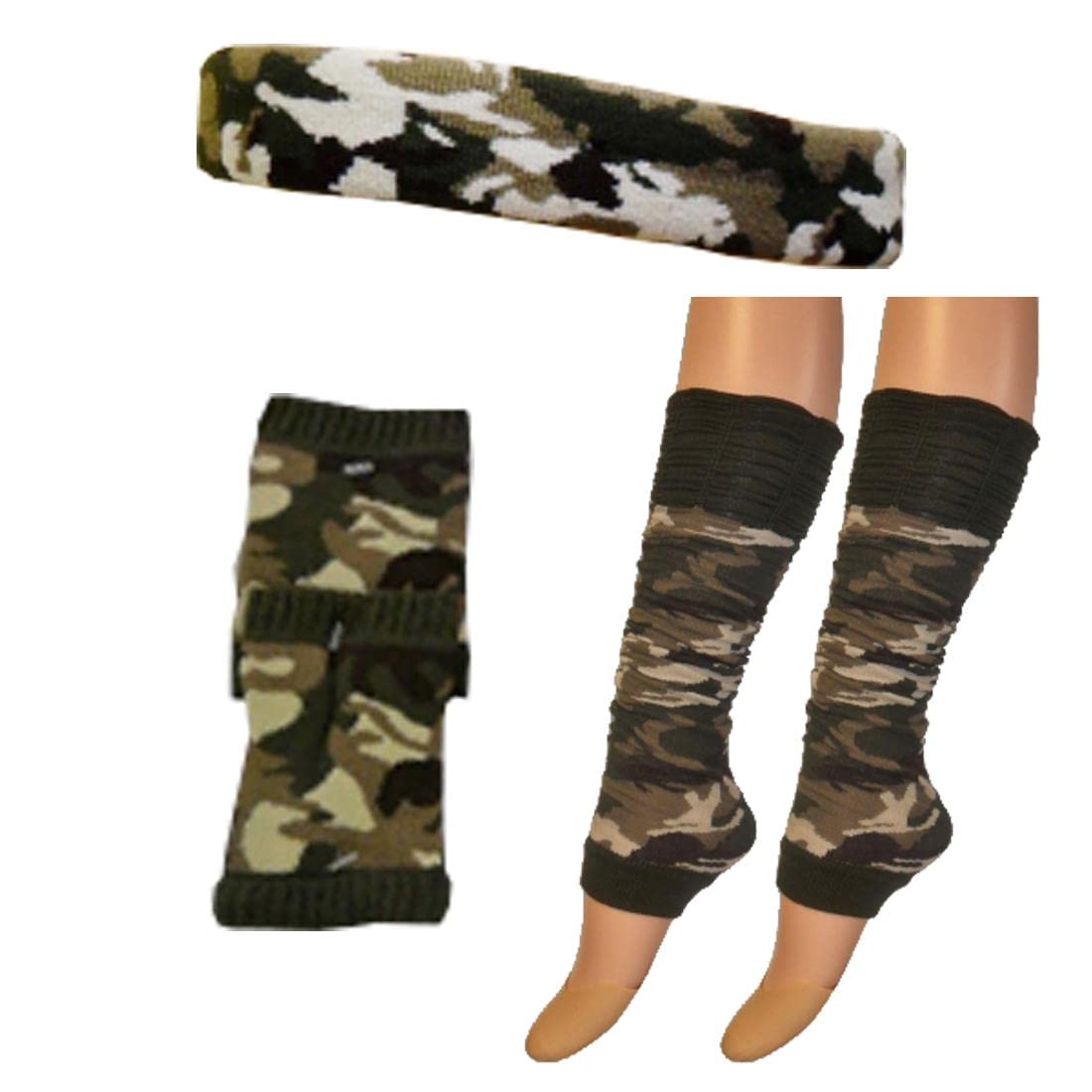 Womens Wristbands Headband And Legwarmers Set Ladies 80s Themed Party Sweatbands Fancy Dress Accessory Camouflage