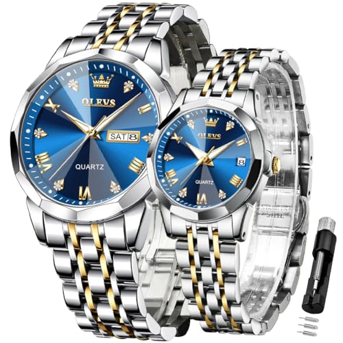 OLEVS Valentines Couple Pair Watches for Men and Women Lovers Romantic Wedding Gifts Set of 2 His and Hers Business Gold Day Date Wrist Watch Waterproof Stainless Steel Band