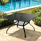 MEOOEM 37.8 Inch Square Outdoor Table for 4, Heavy Duty Black Powder Coated Metal Patio Table with Umbrella Hole & Storage Mesh Shelf, Outdoor Coffee Dining Table for Outside,Garden,Lawn, Deck