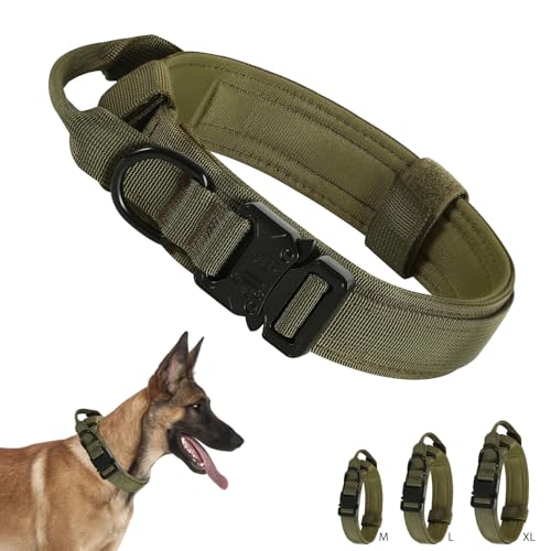 Collare per Cani Con Maniglia e Fibbia in Metallo - Tattico per Cani Impulsivo e Forte Tiraggio, Regolabile (Verde Militare, M)
