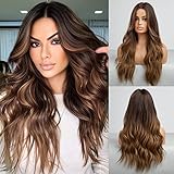 HAIRCUBE Ombre Brown Wigs for Women,Long Curly Wig Middle Part Synthetic Wig Heat Resistant Fiber 24 Inch