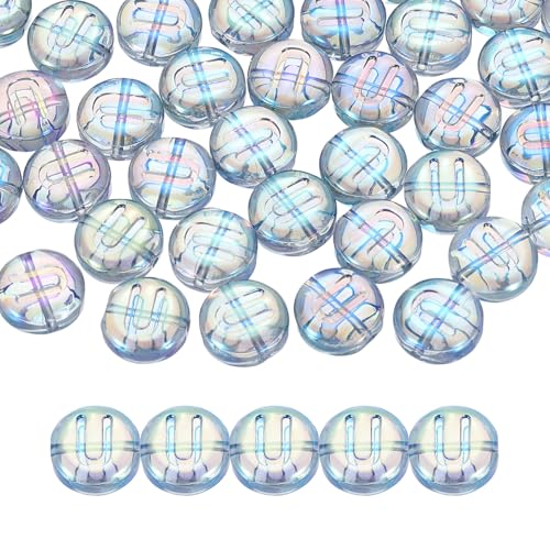 QUARKZMAN 60 Piezas de Abalorios de Letras de Vidrio, Abalorios de Alfabeto Redondos Planos de 10mm Letra U para Hacer Pulseras DIY, Azul Verde
