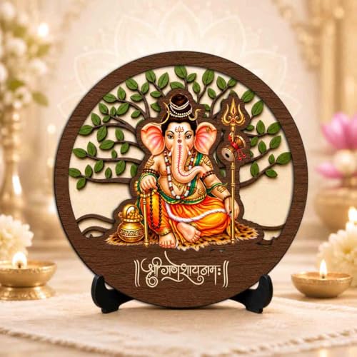 Image of Siddhivinayak Ganesh Premium Wooden God Idol for Indoor Temple, Living Room Shelf, Work Desk & Puja Decor - 5x5 Inch