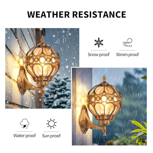 Dusk to Dawn Outdoor Wall Light Fixtures, Gold Exterior Aluminum Waterproof Porch Lights, Globe Anti-Rust Outside Sconce Lantern Wall Mount with Amber Glass for Patio Backyard Garage Doorway, 2 Pack