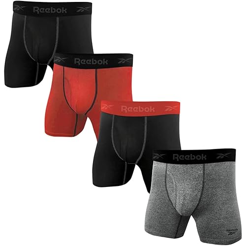 Reebok Mens 4 Pack Performance Boxer Briefs with Comfort Pouch - Black/Red/Gray Medium
