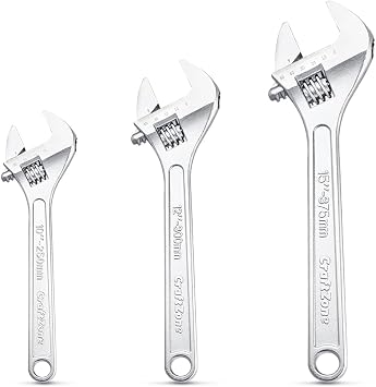 Adjustable Wrench Set, 3pc Wrench Set with SAE and Metric Scales, Heat-Treated Carbon Steel with Chrome Plated, Wide Jaw Wrenches for Home, Plumbing, Garage 10, 12, 15 Inch