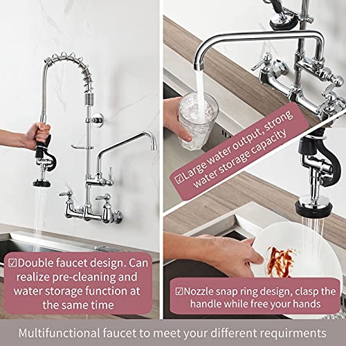 8 Inch Center Wall Mount Commercial Sink Faucet With Sprayer, 26'' Height With Pull Down Pre-Rinse Sprayer & 12" Spout, For 2-3 Compartment Utility Sink #TOP2