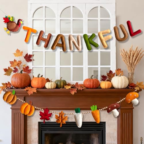 Pre-Strung Thankful Banner, Felt Thanksgiving Day Fall Garland with Turkey Maple Leaves and Pumpkin, Reusable Thanksgiving Banner Fall Decorations for Mantle Fireplace Autumn Harvest Indoor Outdoor — view 4