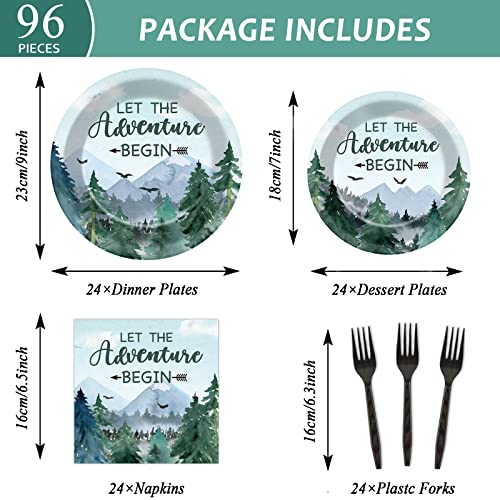 Image of Adventure Awaits Baby Shower Tableware Let The Adventure Begin Plates Pine Tree Mountain Wilderness Dinnerware Disposable Paper Dinnerware For Baby Shower Birthday Party Decor Supplies 24 Guests