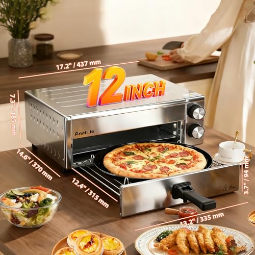 Anatole Electric Pizza Oven Indoor Air Fryer 12\" 1800W Stainless Steel Countertop Pizza Maker Convection Cooker Time Temperature Adjustable with Removable Crumb Tray ETL Certified - Thumbnail 2