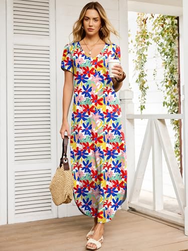 ANRABESS Womens Summer Maxi Dresses 2026 Casual Short Sleeve V Neck Loose Split Long Beach Sundress Travel Vacation Clothes Multicoloured Floral Medium — view 2