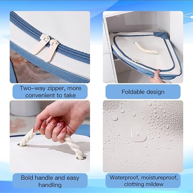 2PCS Corner Baskets Triangle Storage, Fan Shaped Storage Box with Lid and Handle, Foldable Storage Bins, Waterproof Oxford Cube Boxes, Large Capacity Storage Container for Bedroom Office(Navy-L)