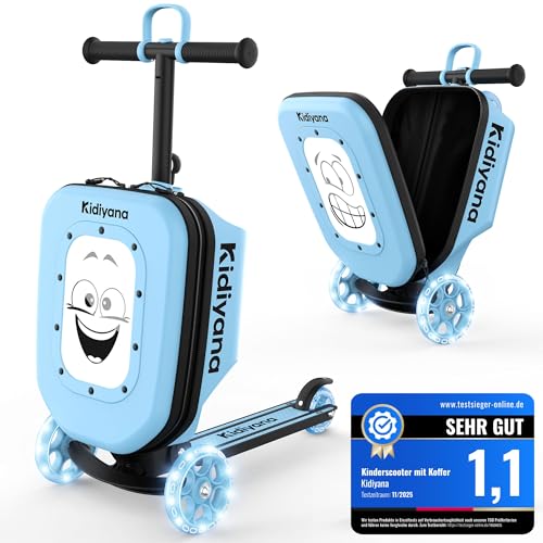 Kidiyana Kinder Scooter mit Koffer Handgepäck Koffer mit Roller LED-Rädern Höhenverstellbarer Lenker A5 Sichtfenster 7cm Stauraumerweiterung Kleinkind Geschenk für 28 Jahre Bis 50kg Blau