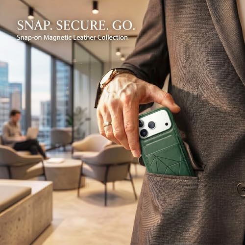 Image of amazon basics Premium Vegan Leather Back Cover with Card Holder and Integrated Mobile Stand for iPhone 17 Pro Max - Slim Shockproof Wallet Case with Geometric Stitching [Green]