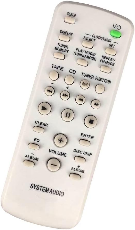 Front view of the white replacement remote control with various buttons for power, volume, playback, and function selection.