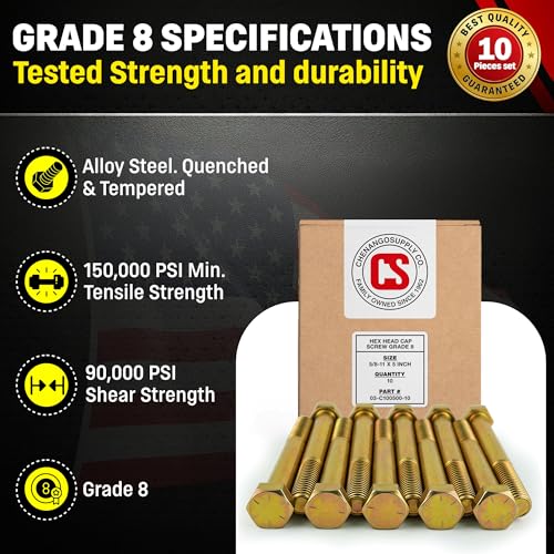 Image of Chenango Supply 5 /8-11 x 5 Grade 8 Hex Head Cap Screws, Alloy Steel Hex Bolts, 150,000 PSI Tensile Strength, Yellow Zinc Chromate Finish, USS Coarse Thread Fasteners (10 Pack, 5 /8-11 x 5 G8)
