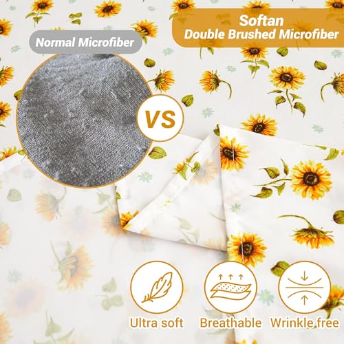 Image of Softan Yellow Floral Sheet Set King, Sunflower Printed Bed Sheets King, Brushed Microfiber Fitted Sheet with 15 inch Deep Pocket & Non-Slip Straps, Yellow Flower Patterned Sheet & Pillowcase Sets