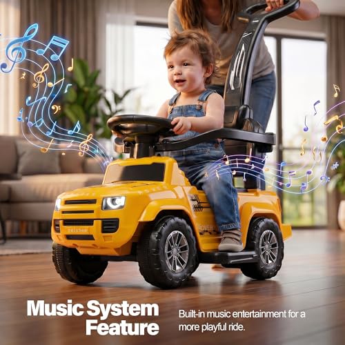 Image of Baybee Ride on Cars for Kids | Baby Push Ride ons Toys Car with Parental Handle & Safety Guardrail | Baby Toy Car with Backrest, Light & Music | Outdoor Kids Cars for 1 to 3 Years (Rover Pro Yellow)