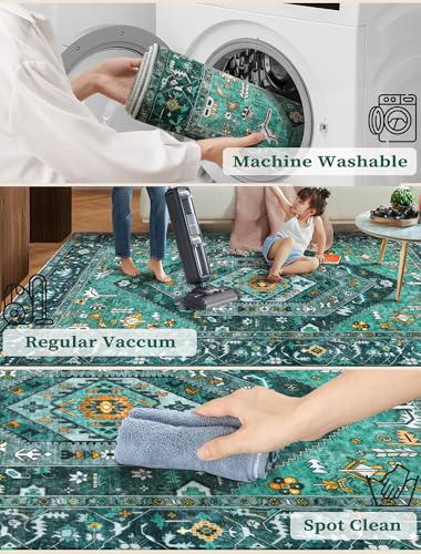 SERISSA Boho Washable Runner Rug, 2'6"x10' Long Rug Runner Non-Slip Vintage Teal Hallway Kitchen Stair Runner Rug Ultra Soft Print Distressed Floor Carpet Runner for Bedroom Bathroom Laundry Room