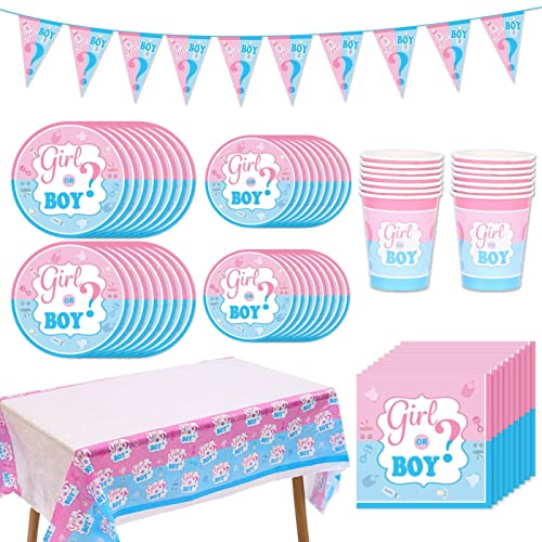 Vajilla De Fiesta,Vajilla para Revelar el Género del Bebé,Vajilla Niño Niña,Incluye Platos, Tazas, Banner,Servilletas, Manteles, para Suministros Fiestas Baby Shower (16 Huespedes) Cover
