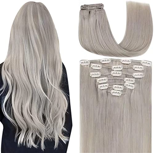 Hetto Clip in Hair Extensions Human Hair Dark Silver Clip in Extensions Real Hair Full Head Grey Hair Extensions Clip in Human Hair Pieces 7pcs 120g 18 Inch